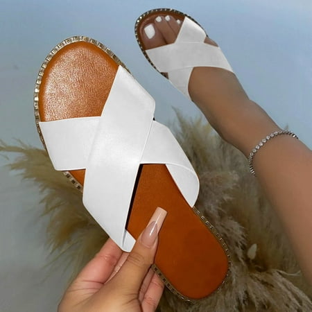 

Women Shoes Women Flat Shoes Women Sandals For Womens Flip Flop Flats Open Toe Flat Diamond Slippers White 7.5
