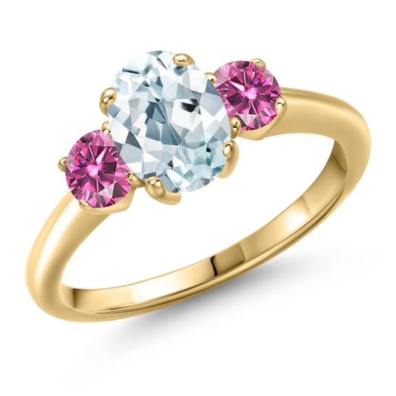 Gem Stone King 10K Yellow Gold Sky Blue Aquamarine and Pink Moissanite Engagement Ring for Women | 1.66 Cttw | Oval 8X6MM | Gemstone March Birthstone | Size 5