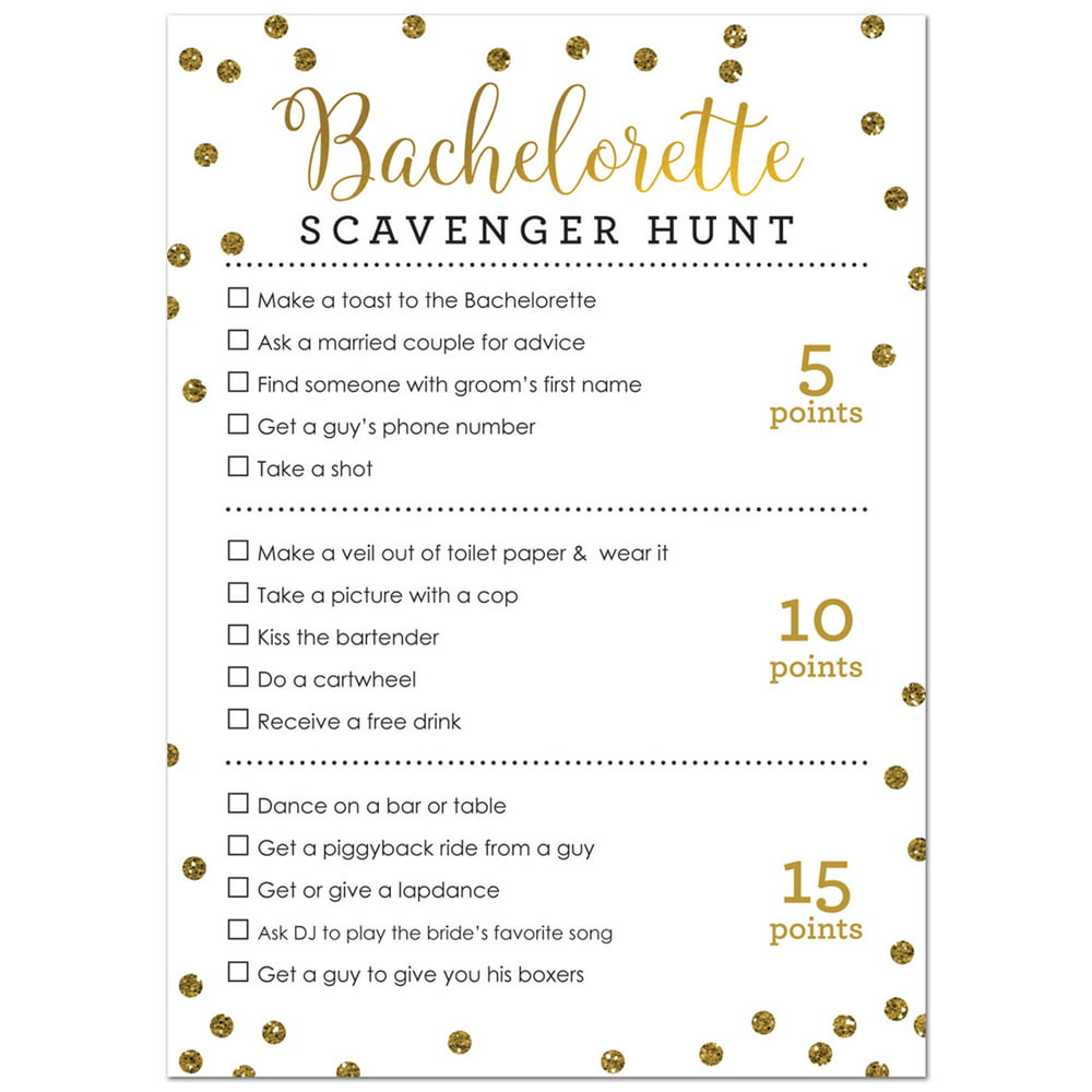 Bachelorette Scavenger Hunt Game Faux Gold Glitter on White 24 Cards