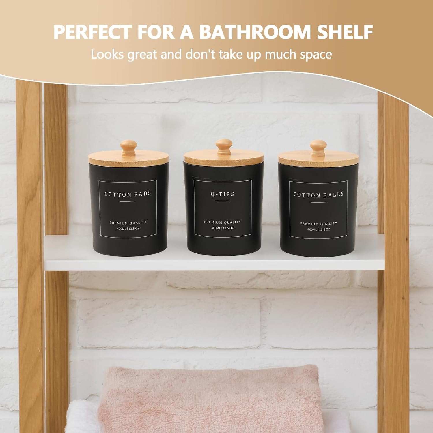 CozyNestFinds 3 Pack Qtip Holder - Bathroom Organizers and Storage, Cotton Round Pad Dispenser Floss Pick Holder with Tray, Glass Apothecary Jars with Lids, Cotton Ball Container - Black