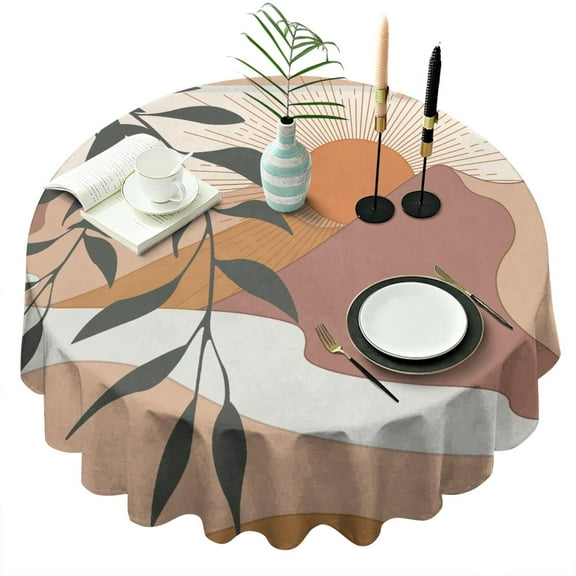 Round Waterproof Tablecloth 60×60 Inch, Boho Style Reusable Indoor/Outdoor Durable Table Cover for Party Kitchen Dinner Room Decor