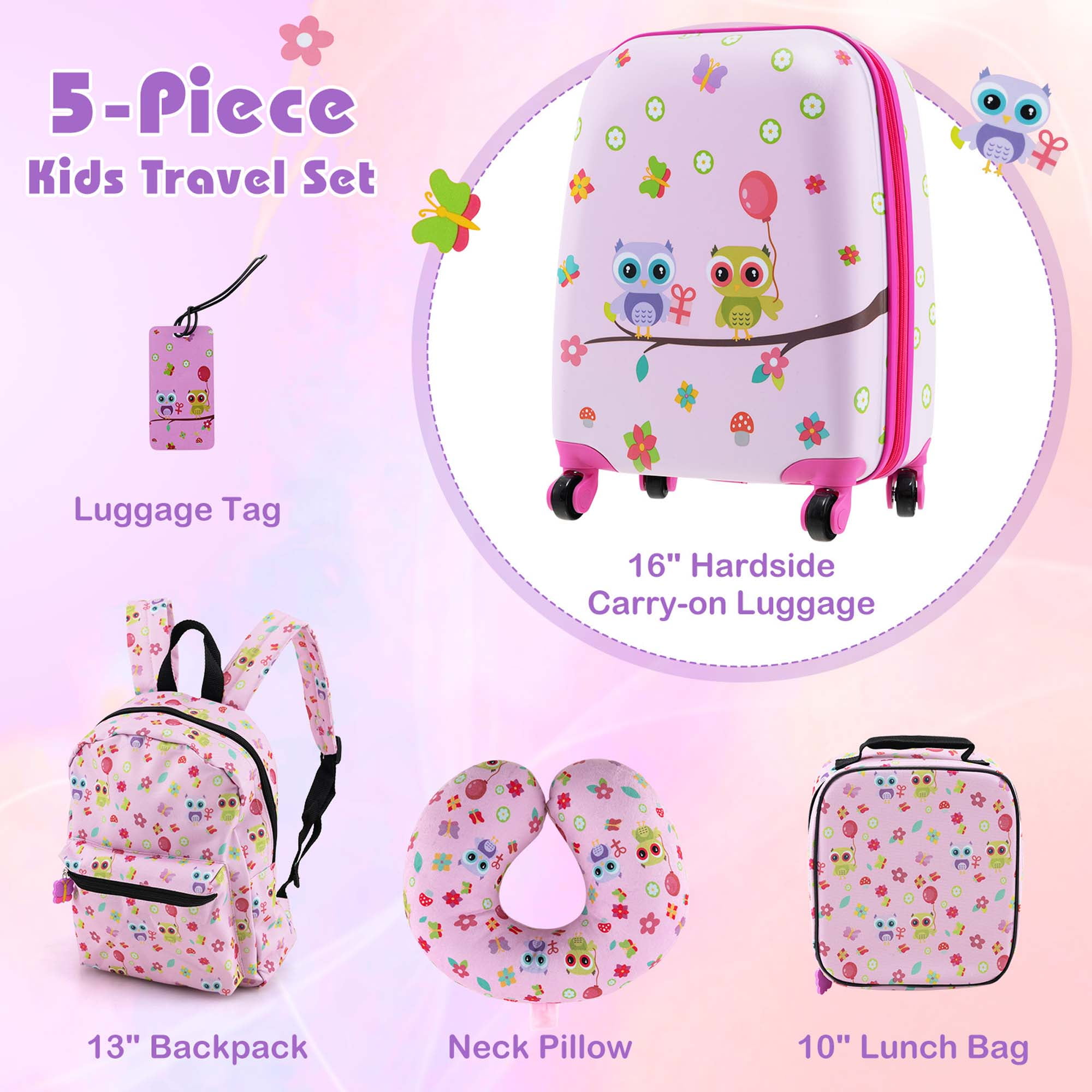 Costway 5 PCS Kids Luggage Set with Backpack Neck Pillow Luggage Tag Lunch Bag Wheels Light Pink