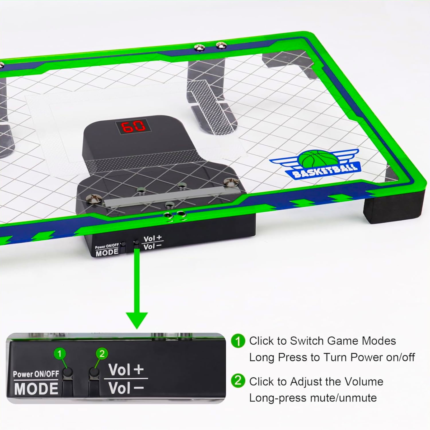 POCO DIVO Over The Door Basketball Hoop, Mini LED Lights 3-Mode Scoreboard, Kids Cheerful Game 2 Balls Set, Indoor Mounting Classic Sports, Boys Girls Room Toy Gift Adult Office Party Play, Green