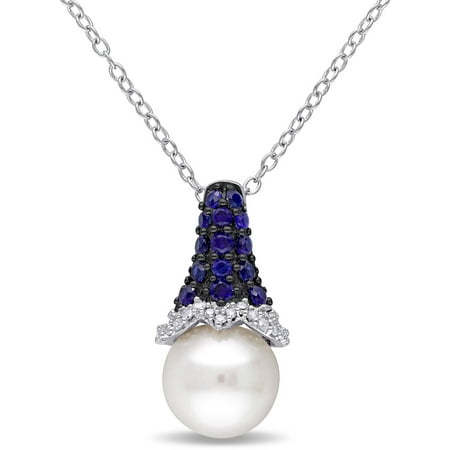 Tangelo 8-8.5mm White Round Cultured Freshwater Pearl with 3/8 Carat T.G.W. Created Blue Sapphire and Diamond-Accent Sterling Silver Fashion Pendant, 18