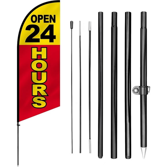 Anley 7.5 FT Open 24 Hours Feather Flag Banner Kit - Outdoor Swooper Advertising Flags with Pole and Stake - Business Hours Sign for Stores, Restaurants, Gas Stations - Weather Resistant & Easy Setup