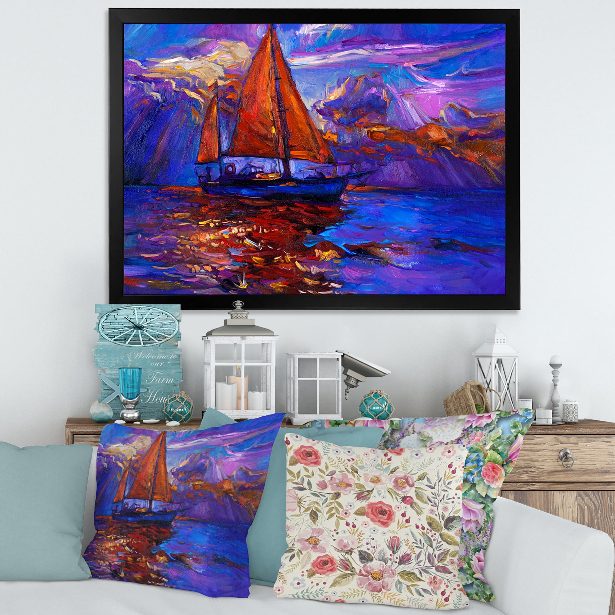 Designart 'Red Sail Ship On Purple Sunset in Blue Ocean' Nautical & Coastal Framed Art Print