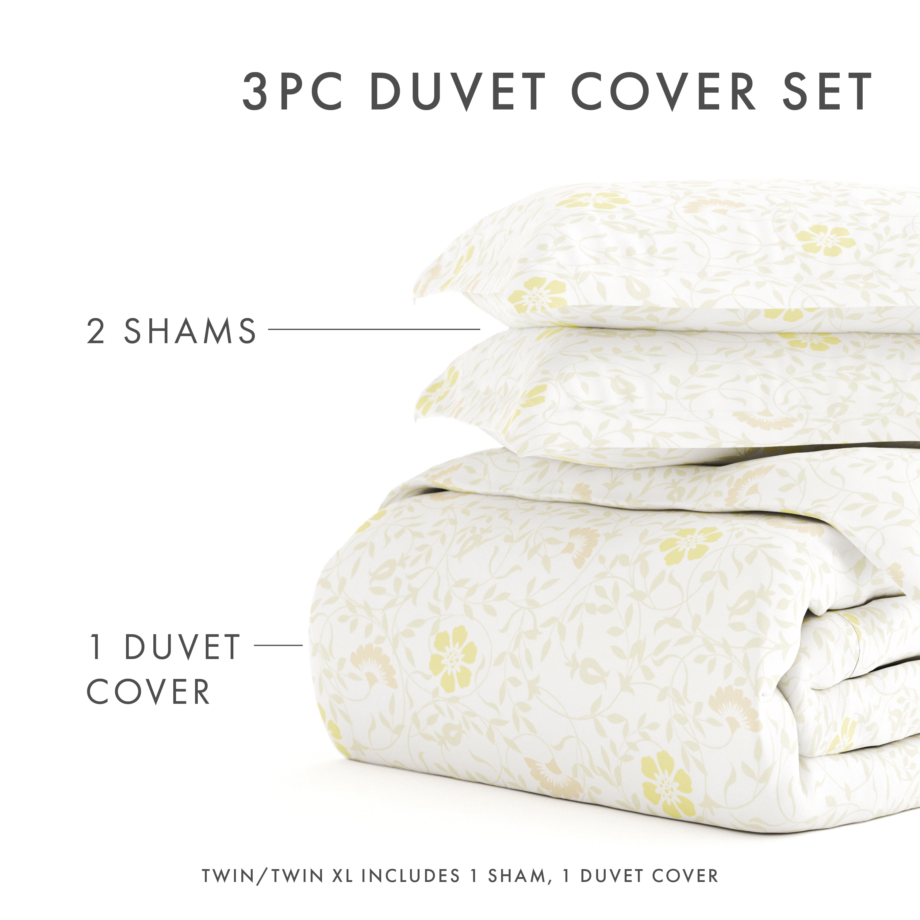 Noble Linens White Spring Vines Print Duvet Set 3-Piece Duvet Cover Set, King/Cal King