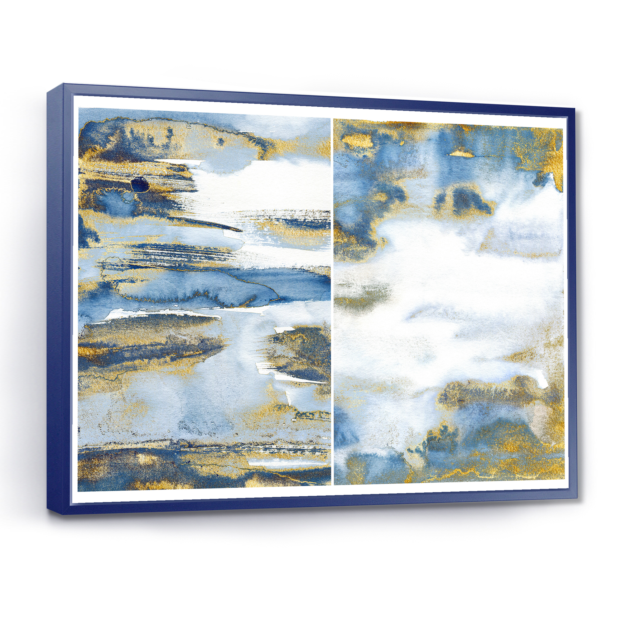 Designart 'Gold and Dark Blue Abstract Waves III' Modern Framed Canvas Wall Art Print