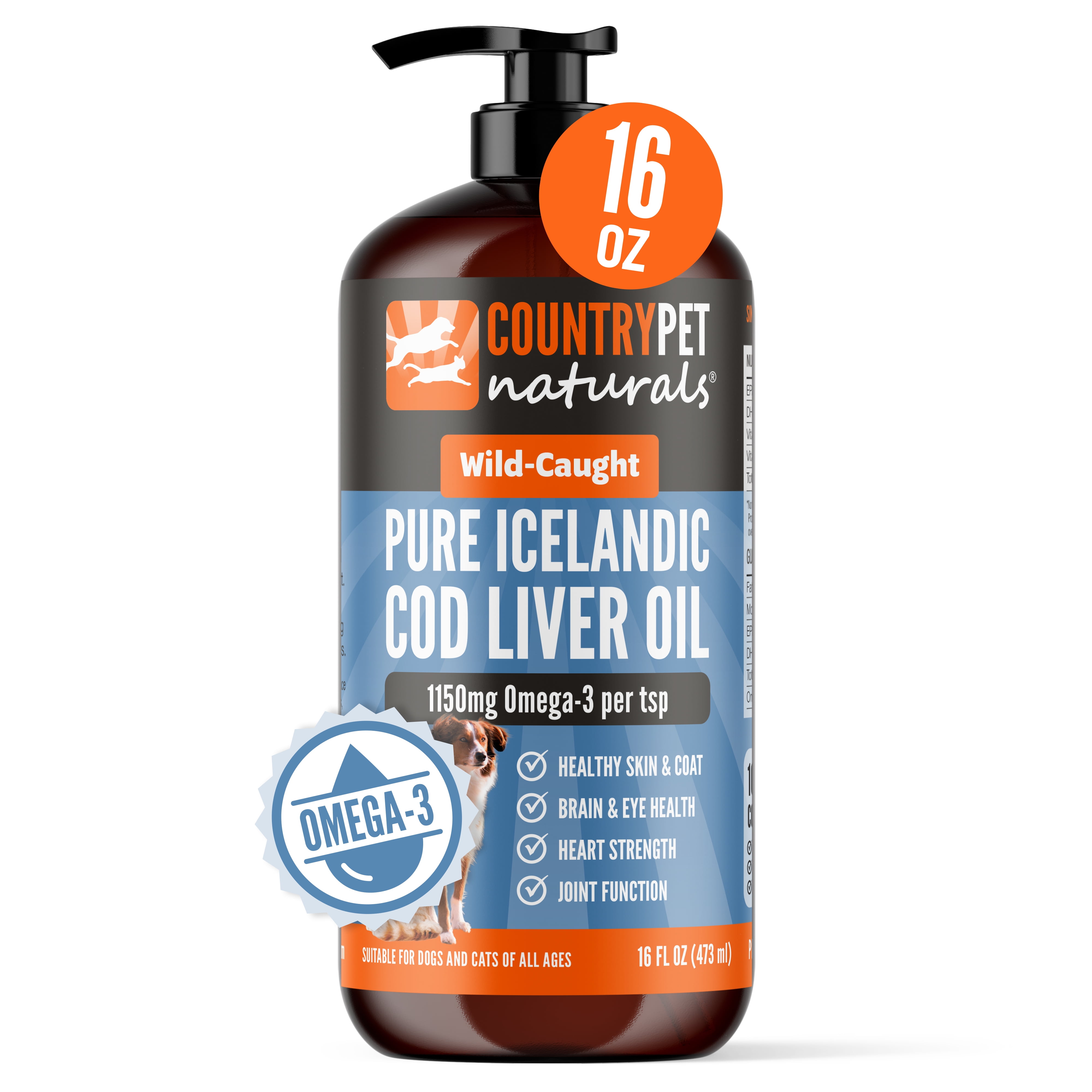CountryPet Cod Liver Oil for Dogs & Cats, Wild-Caught, Omega-3 EPA & DHA, Vitamin A & D, 16 oz Pump Bottle