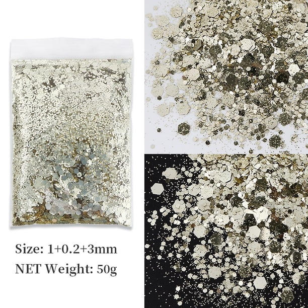 Purpurina holográfica para uñas, 50g, brillante, láser, dorado, plateado, forma hexagonal mixta, polvo de lentejuelas gruesas, decoración de Arte de uñas DIY