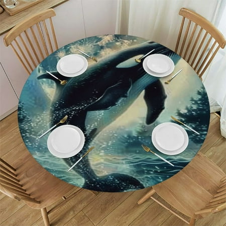 

Ullo0ord The Stars Theme Round Fitted Tablecloth Elastic Edge Cute Killer Whale Pattern Waterproof Wipeable Round Table Cover for Family Kitchen 46 -50