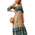 thumbnail image 3 of Qiylii Women Summer Bohemian Floral Maxi Dresses Casual Puff Long Sleeve V Neck Loose Ruffle Tiered Beach Vacation Long Dress, 3 of 5