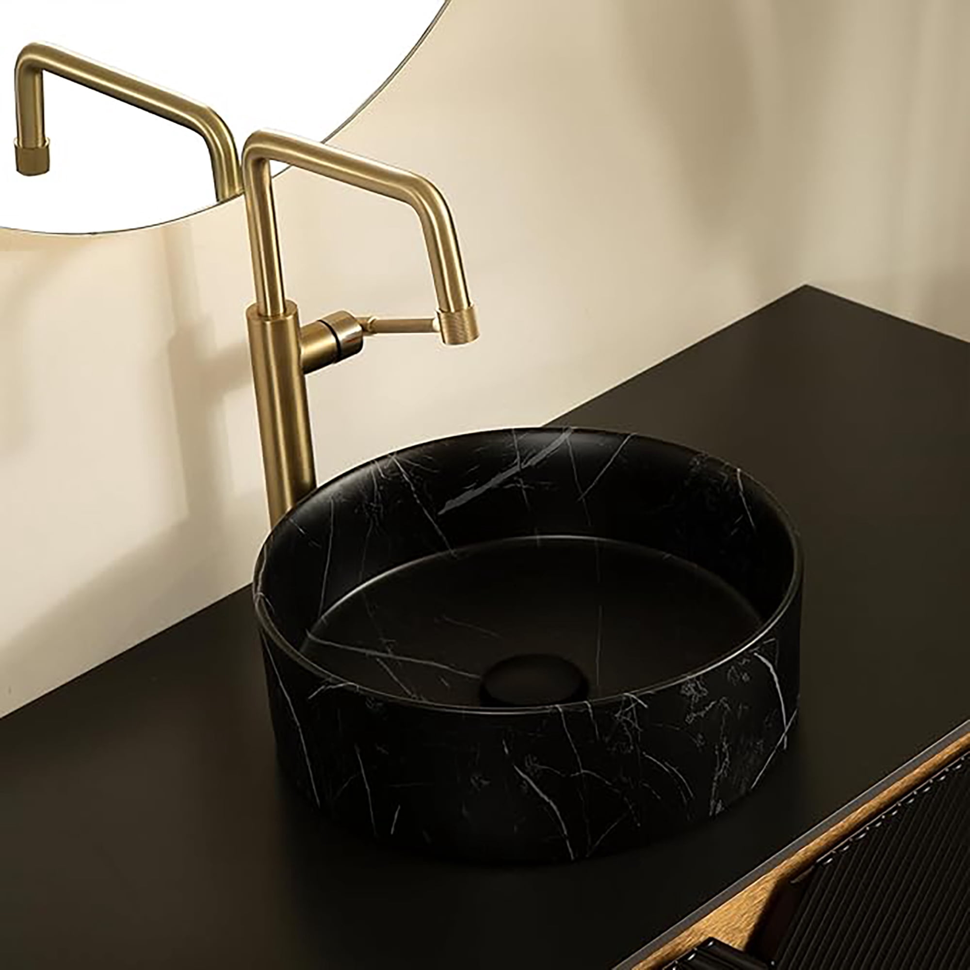 Wohh 14 Inch Round Bathroom Sink with Stone Pattern, Small Black Ceramic Integrated Countertop Vessel Sink, 14.17 x 4.72 Inch Durable Porcelain Vanity Basin for Home, Office & Commercial Use