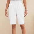 thumbnail image 5 of Cotton Linen Shorts for Women Knee Length Bermuda Shorts Casual Wide Leg Elastic Waist Summer Beach Shorts with Pockets, 5 of 7