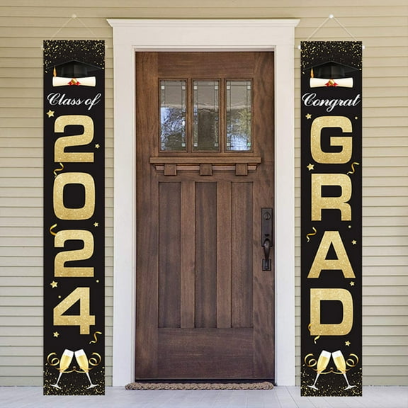 Harlier Graduation Porch Sign Banner, Black and Gold 2024 GRAD Door Banner, Class of 2024 Congrats Grad Hanging Banner Flag for High School and College Graduation Party Decorations