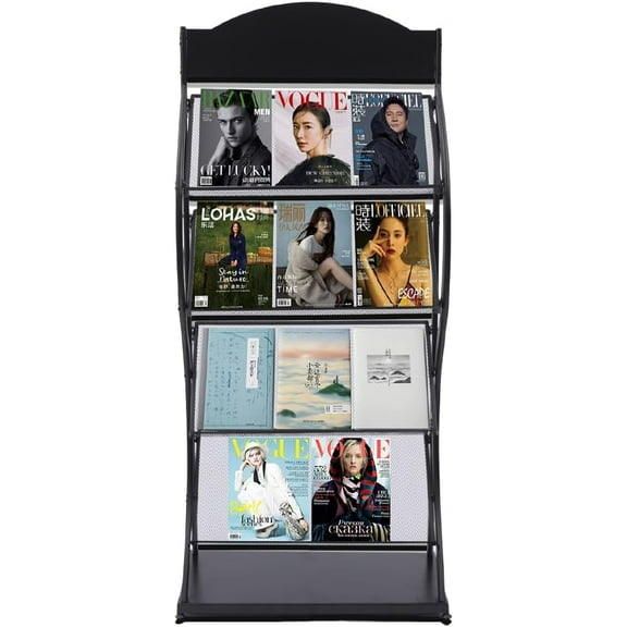 MOCHAG 4-Layer Floor-Standing Magazine Rack, Freestanding Office Display Organizer Metal Stand Newspaper Storage Stand, Modern Manual Book Rack for Home Office Libraries Exhibition Display (Black)