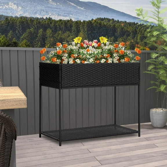 ZOPan Raised Garden Bed with Tool Storage Shelf - Rattan Outdoor Raised Planter Box with Legs Wicker Plant Stand for Herbs Vegetables Flowers Fruits Outdoor Indoor, Black