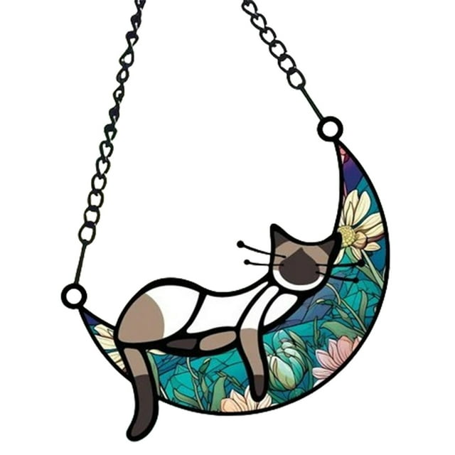 HUASHENG Cat Memery With Rainbow Layed Film For Hanging Pet Loss Sympathy Moon Sun Catchers Pass Keepsake For Pet Lovers