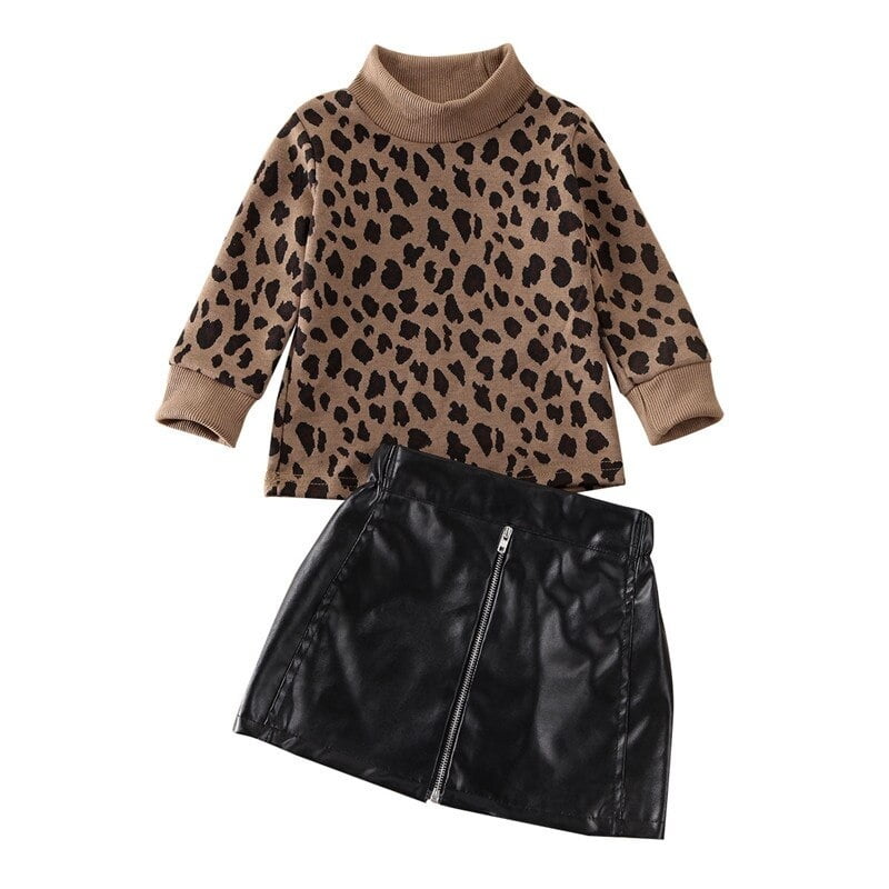 Toddler Kids Baby Girl Leopard Cheetah Print Sweater Top Zipper Leather Skirt Dress Warm Outfits Set Walmart