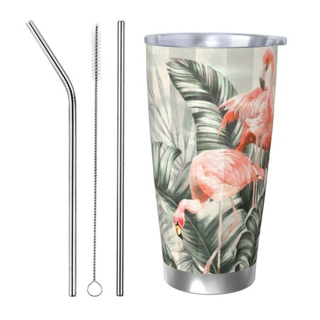 

Qekee Tropical With Flamingos Print 20OZ Car Cup Stainless Steel Vacuum Insulated Tumbler Tumbler Cup With Lid And Straw Travel Coffee Mug-Straw Three-piece Set