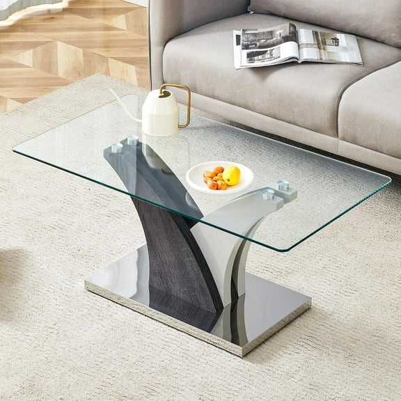 SUDICA 39" Tempered Glass Coffee Table, Modern Center Table with Wood Grain Metal Base