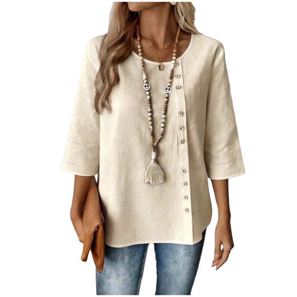 Mujeres 3/4 Manga Tops Y Blusas de Color Sólido con Botones Cuello Redondo Casual Top de Moda 3/4 Manga Tops Casuales para Mujeres