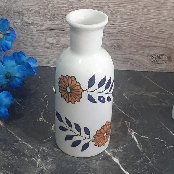 India Meets India Ceramic Bottle Vase [White w/ Flower Design], Modern Minimalistic Vase, Decorative Pampas Dried Flowers Vase for Home Décor/Living Room/Bedroom/Office/Table/Bookshelf, 7.5 in