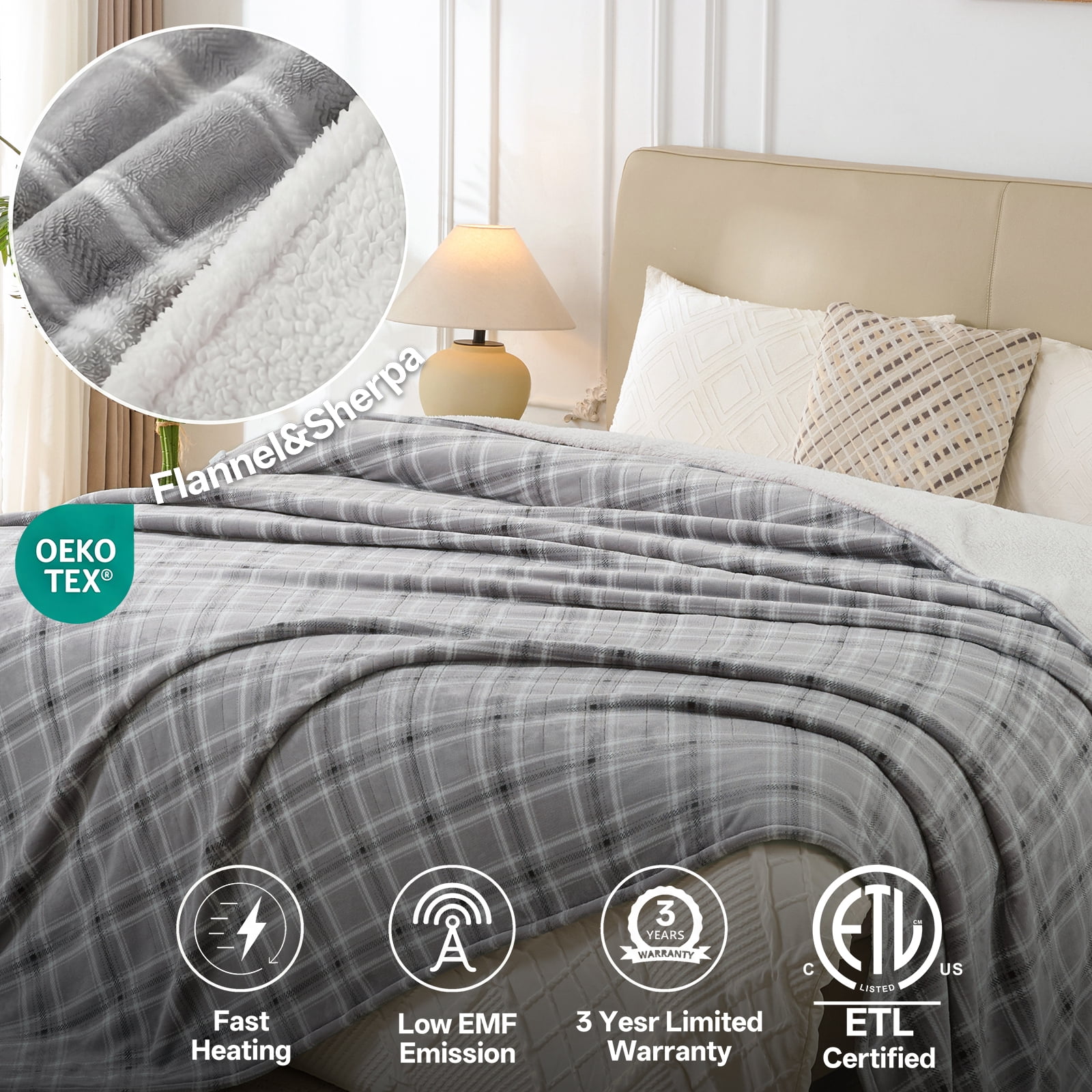 ELEKA Electric Blanket Queen Size，Soft Flannel & Sherpa Heated Blanket，1–10H Auto‑Off,8 Heating Levels，Warm Gift for Family ,84"x90" inches， Grey White Plaid