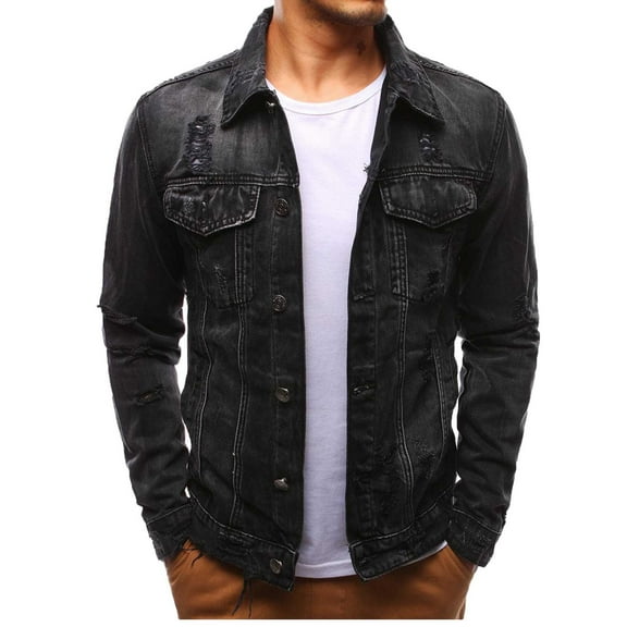 KBKYBUYZ Sales Men's Button Solid Color Hole Vintage Denim Jacket Tops Blouse Coat Warm And Comfortable Jacket