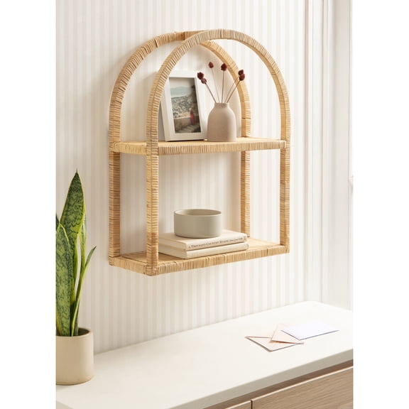 Kate and Laurel Rahmati Modern Two-Tier Arched Rattan Wall Shelf, 18 x 7 x 23, Natural Rattan, Boho Arch Wall Shelves for Over-the-Toilet Storage or Dorm Room Storage Shelf