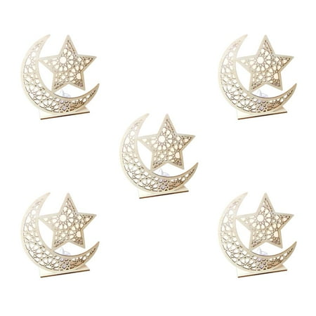 

5pcs Muslim LED Light Wooden Ramadan EID Mubarak Decorative Star Moon Wood Islam Mosque Plaque DIY Home Decoration(Moon pentagram)