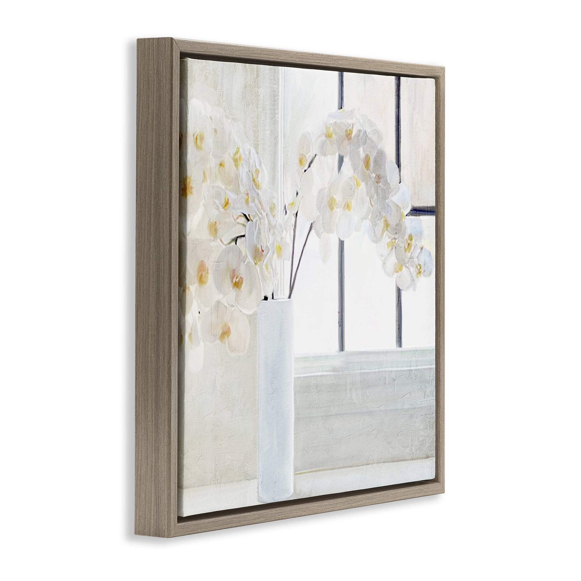Stupell Industries Orchid Stems Windowsill Plants & Flowers Painting Brown Floater Framed Canvas Art Print Wall Art, 18 x 18