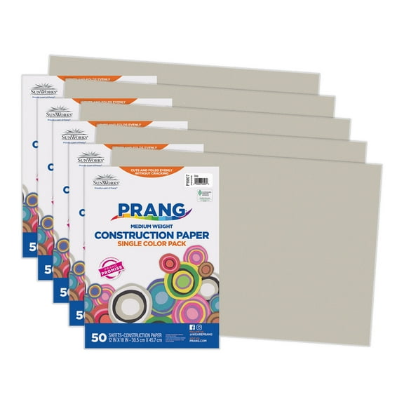 Prang Construction Paper, Medium Weight, Gray, 12" x 18", 50 Sheets Per Pack, 5 Packs