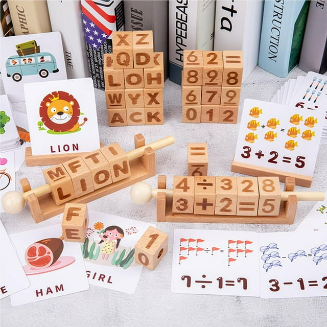 pitrice Kids Wooden Maths Learning Toy Math Manipulatives Numbers and Symbols Abacus Educational Operation Game with Cards No.02