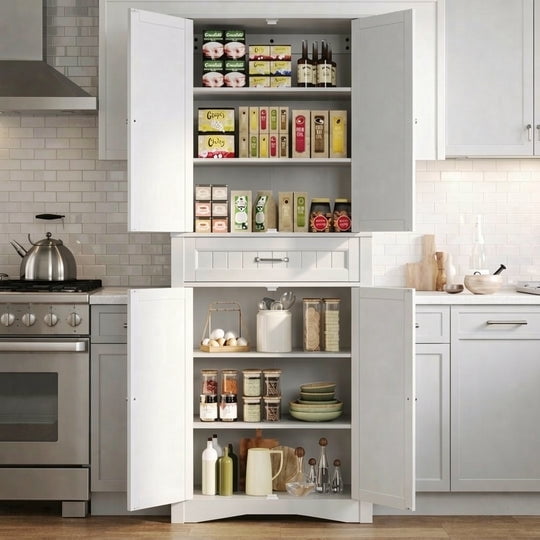 Aiho 70.8" Farmhouse Kitchen Pantry Storage Cabinet, Tall Kitchen Pantry, Freestanding Hutch with Doors & Shelves, Buffet Sideboard, with Doors and Shelves - White
