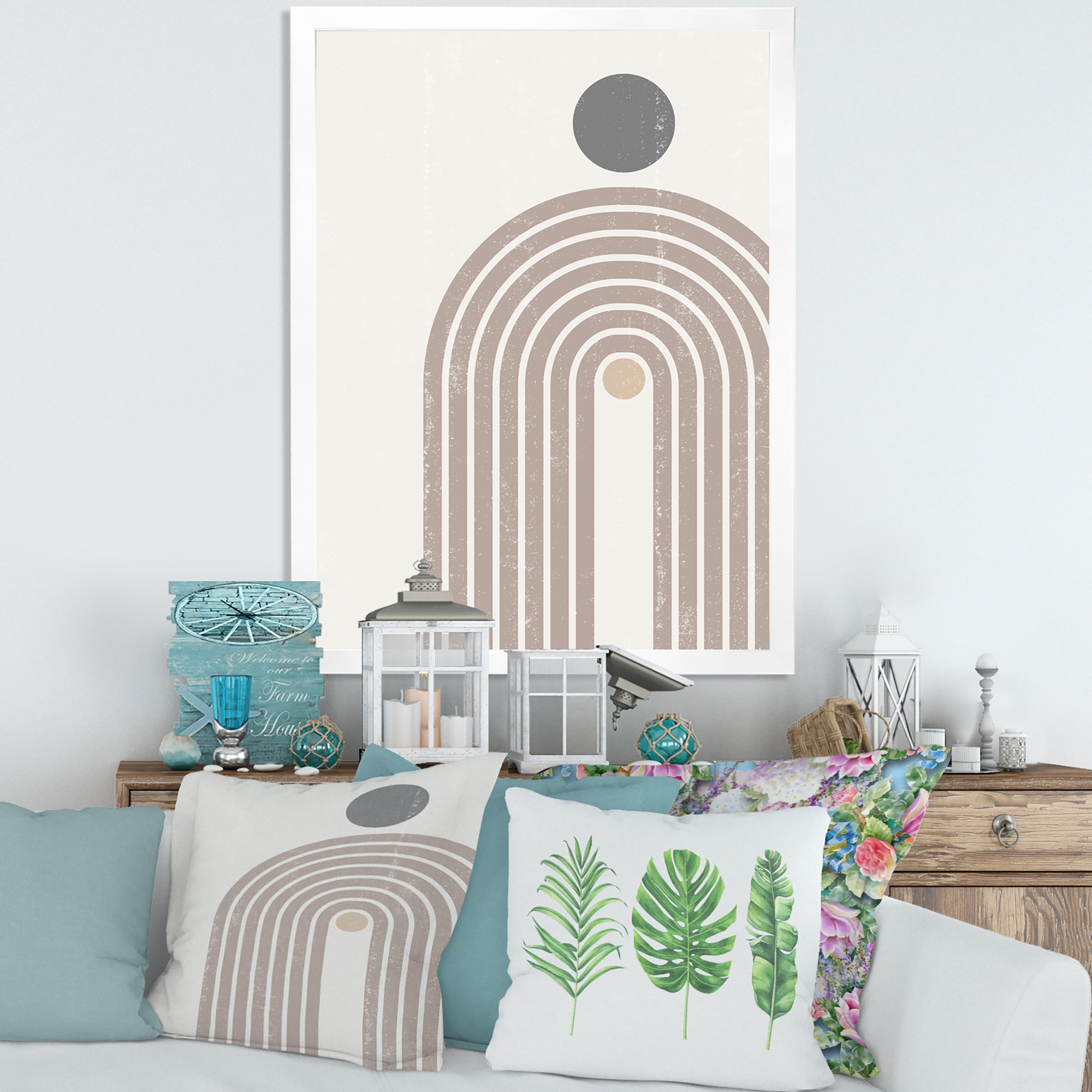 Designart 'Abstract Rainbow Moon and Sun In Earth Tones I' Modern Framed Art Print