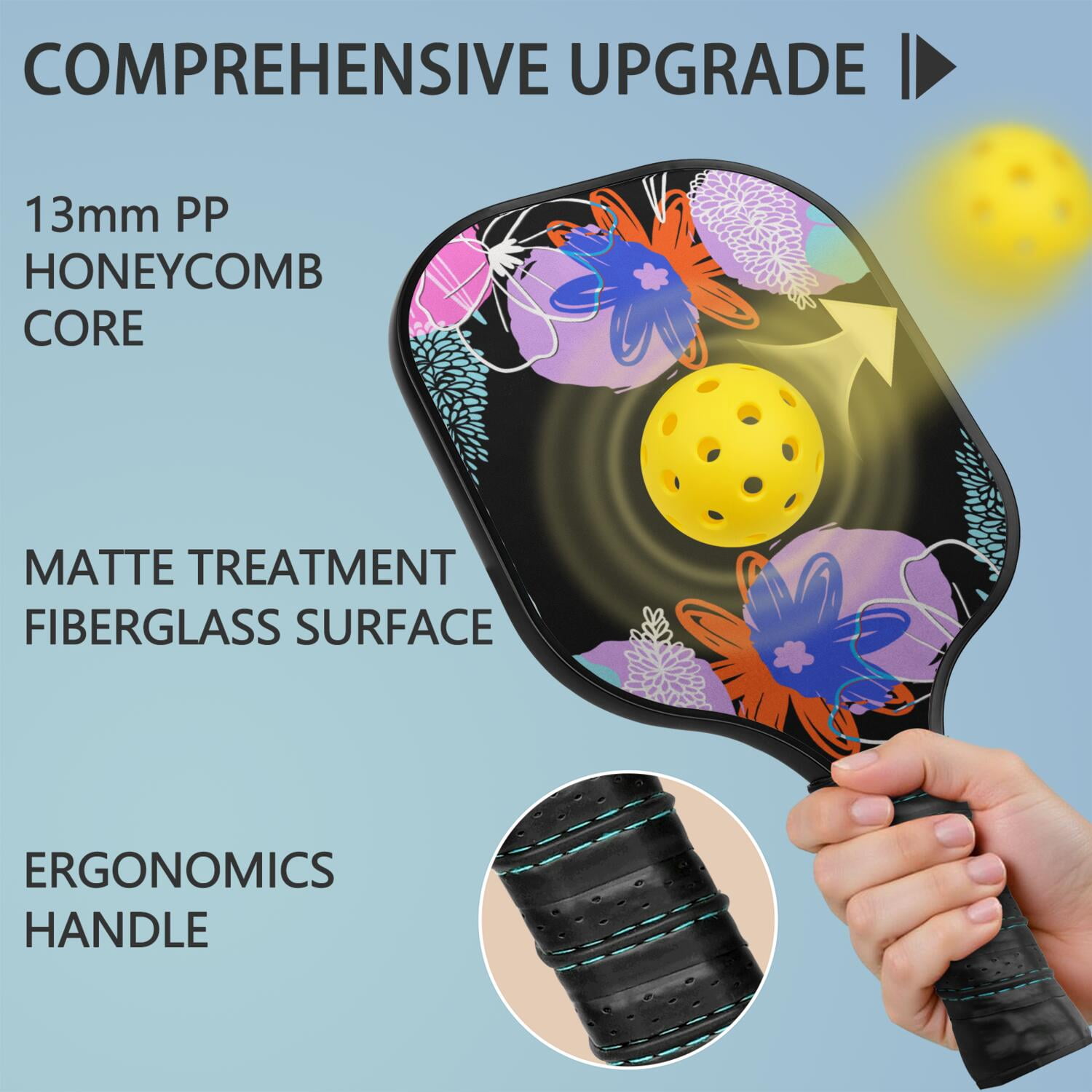 Pickleball Paddles Set Of 1, Fiberglass Surface, Vintage Floral Print, 1 Paddle, 2 Balls & Bag