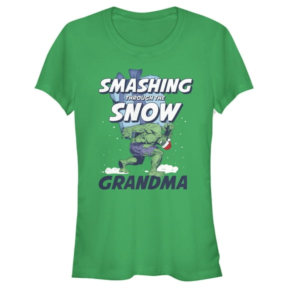 Junior's Marvel Christmas Hulk Grandma Snow  Graphic Tee Kelly Green 2X Large