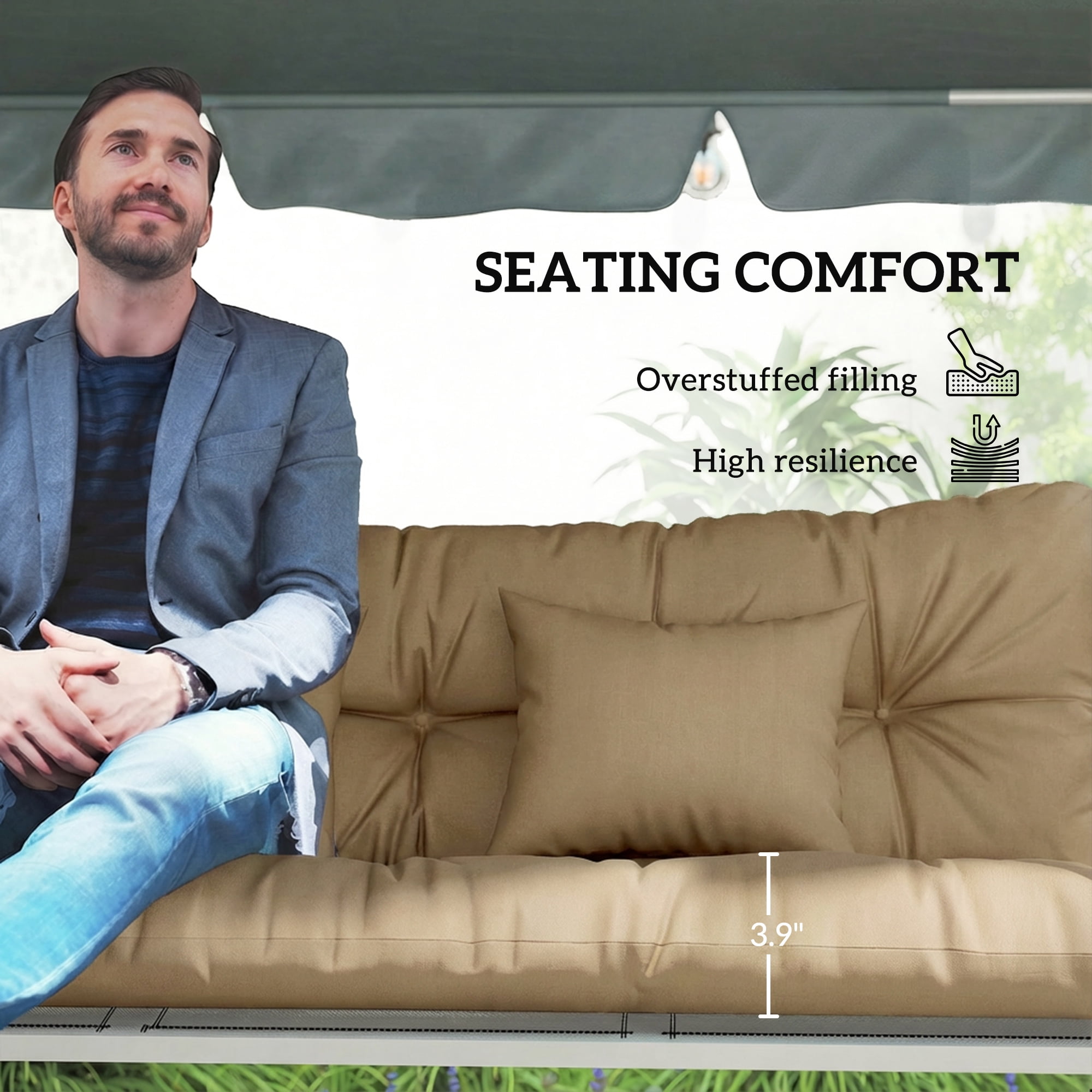 Alvantor Tufted Bench Cushions with Backrest & Throw Pillows, 59" Bench Chair Cushions for Outdoor Furniture, khaki