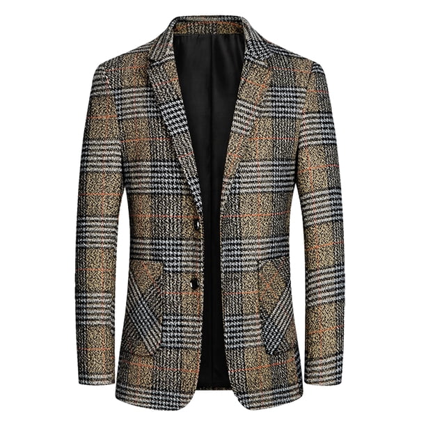 Vestido de hombre Chaqueta a cuadros Blazer de un solo pecho Slim Fit Dos botones Chaqueta deportiva a cuadros Traje Medio Amarillo Blanco Unique Bargains Chaqueta