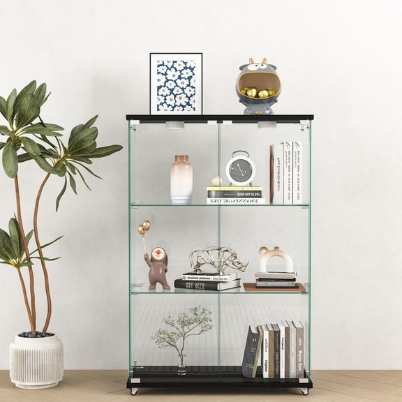 WGYPRIME 32" Glass Display Cabinet with 3-Shelf, Modern Glass Curio Cabinets with LED lights and 2 Doors, Tempered Glass Bookshelf for Bedroom, Living room