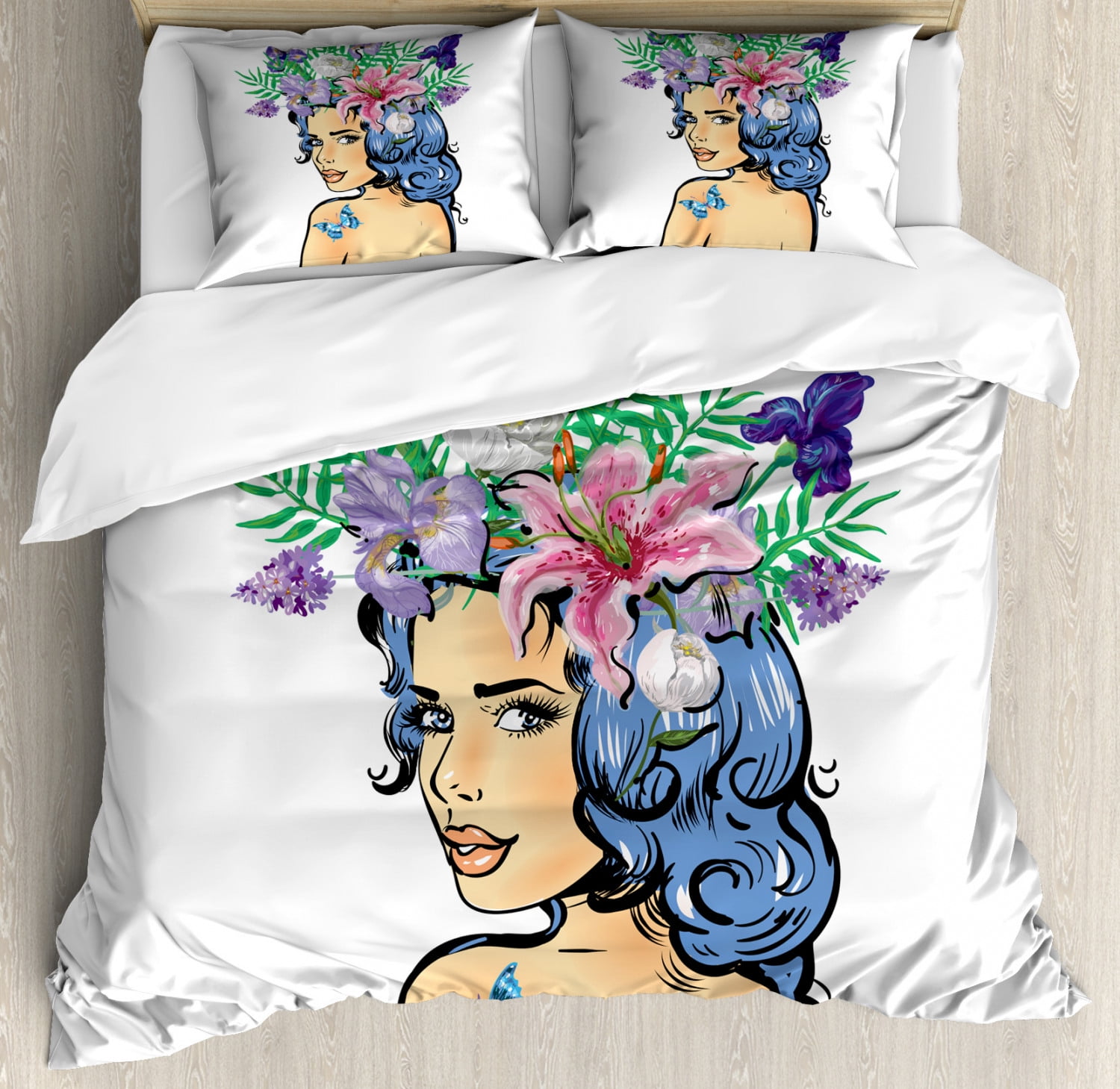 Flower Duvet Cover Set King Size Floral Head Woman With Hibiscus
