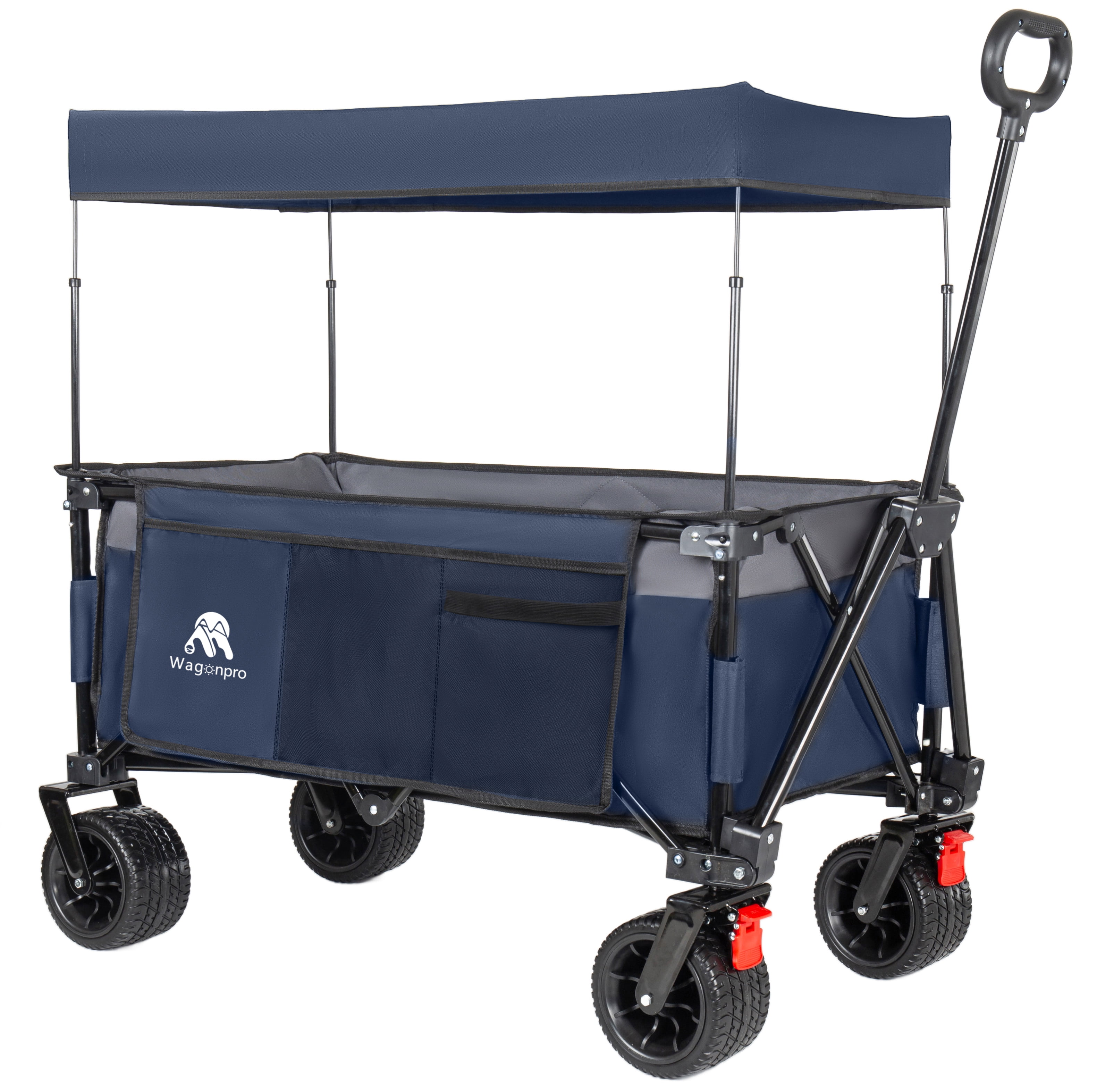 Foldable Utility Wagon with Removable Awning Canopy, 120L Large Capacity 480 LBS Heavy Duty Beach Cart, 7 Inch All-Terrain Brake Wheels Adjustable Handle for Camping Shopping Outdoor Activities