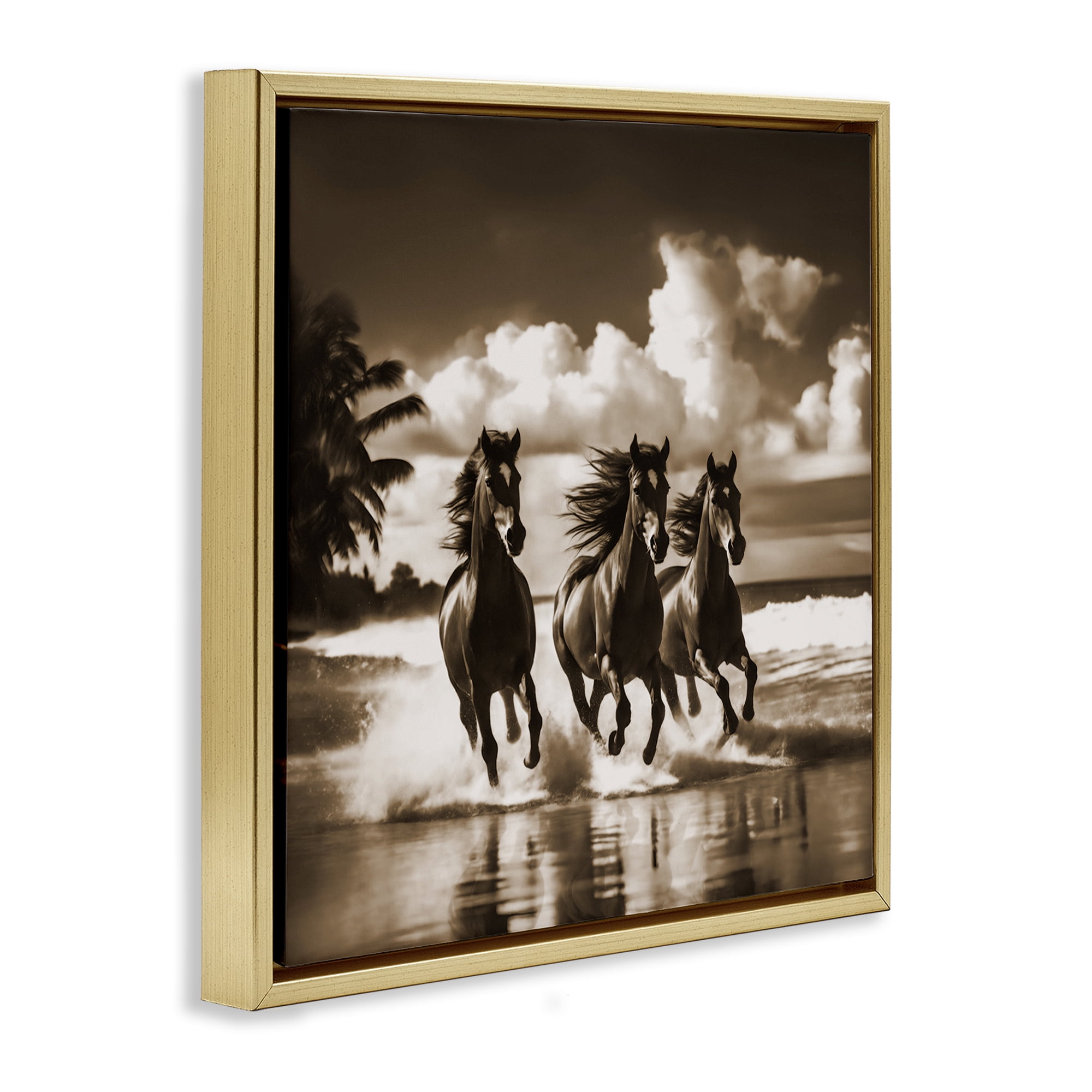 Stupell Industries Sepia Stallions Galloping Landscape & Nature Painting Gold Floater Framed Canvas Art Print Wall Art, 18 x 18