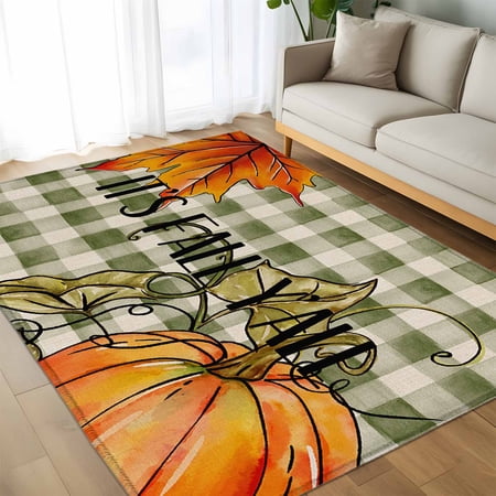 Orange Pumpkin Thanksgiving Fall Harvest Floor Carpet Living Room Rug Farm Green Buffalo Check Non-Slip Welcome Mat Indoor Rugs for Bedroom Dining Room