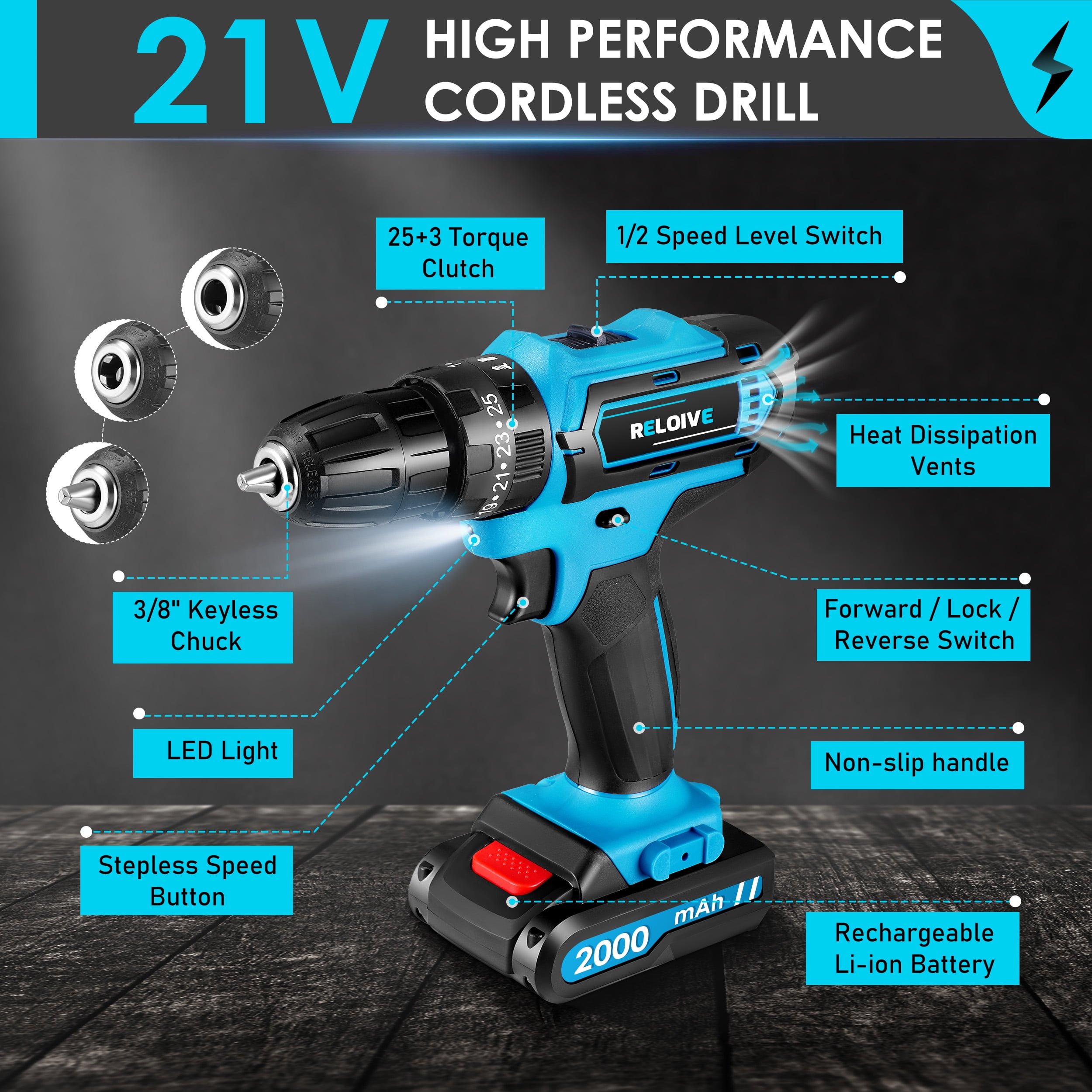 RELOIVE 21V Cordless Drill,Electric Power Drill Set with 2×2.0Ah Battery&Charger,3/8" Keyless Chuck,2-Speed,45N.m Torque,25+3 Position,35pcs Drill/Driver Bits