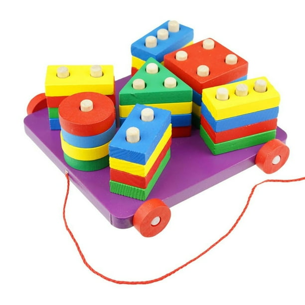 Montessori Wooden Geometric Shape Sorting and Stacking Train Pull Toy for Toddlers and Children
