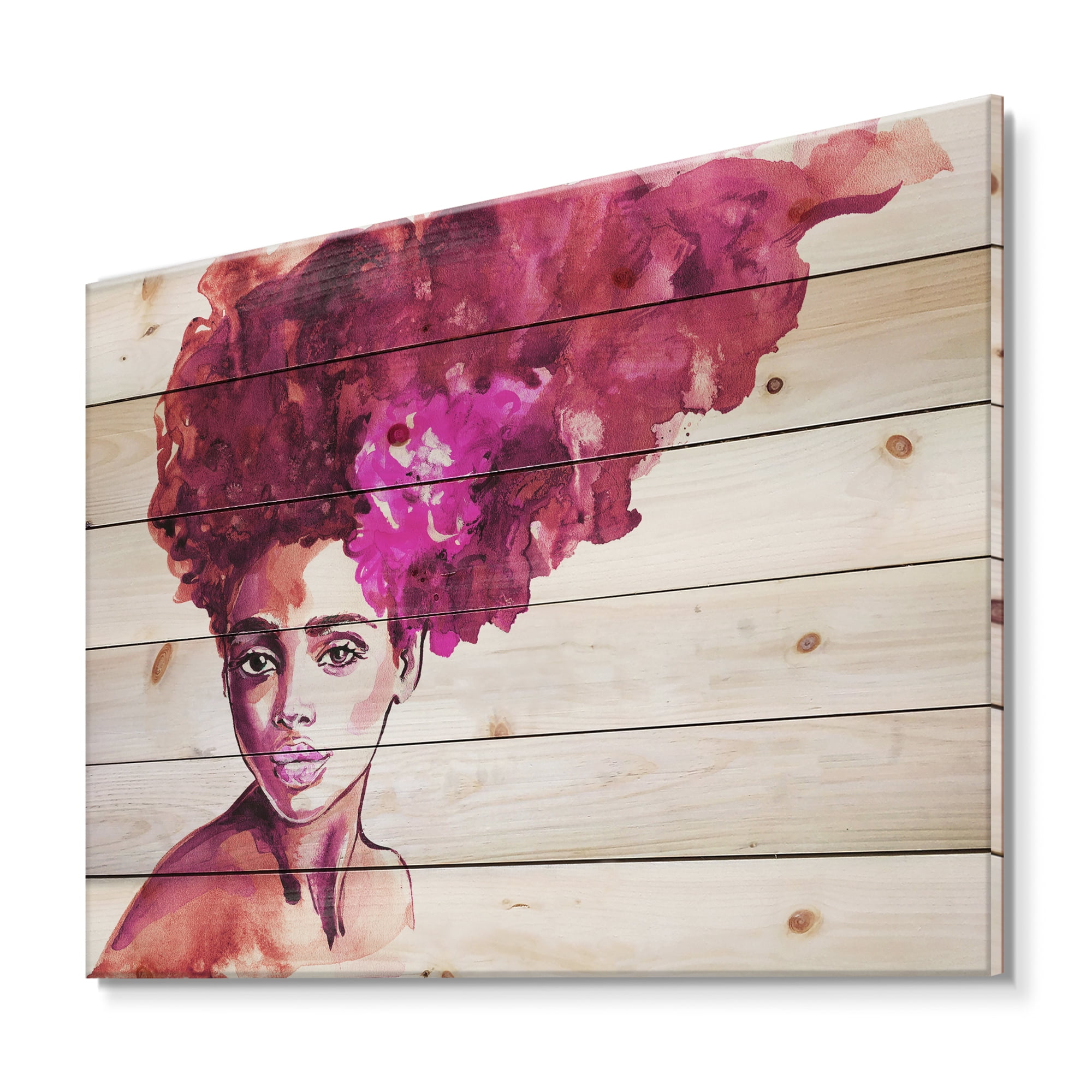 Designart 'Portrait of Afro American Woman VI' Modern Print on Natural Pine Wood