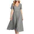 thumbnail image 3 of ClodeEU Women's V Neck Short Sleeve Linen Blend Midi Dress,Casual Tunic Flowy Dress Gray,Women's Plus L, 3 of 9