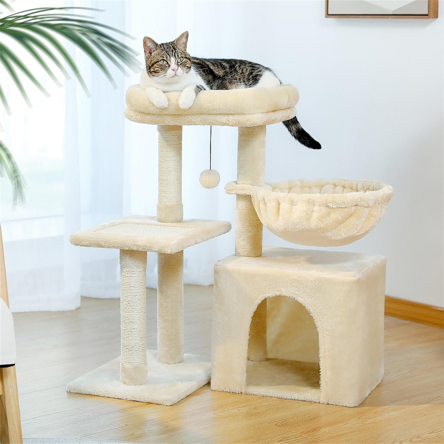 Pefilos 28" Cat Tree House for Indoor Cats, Cat Condo for Multiple Cats with Ball Activity Centre Cat Tree Tower, Beige Pefilos 28" Cat Tree House for Indoor Cats, Cat Condo for Multiple Cats with Ball Activity Centre Cat Tree Tower, Beige